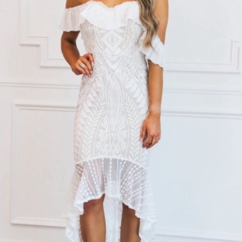 White ruffle high low bridal shower dress